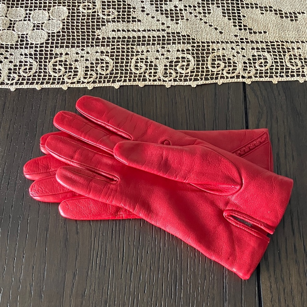 Vintage 80s Firenze Red Leather Gloves Cashmere Lined | Italian Elegance Size 7